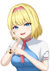 Rule 34 | 1girl, absurdres, alice margatroid, aoyama kou, blonde hair, blue eyes, blush, breasts, capelet, cookie, eyelashes, eyes visible through hair, fingernails, food, frills, hairband, hand on own face, hands up, highres, long fingernails, looking at viewer, medium breasts, nail polish, necktie, open mouth, pink hairband, pink nails, pink necktie, puffy short sleeves, puffy sleeves, shirt, short hair, short sleeves, simple background, smile, solo, teeth, tongue, touhou, upper body, white background, white capelet, white shirt