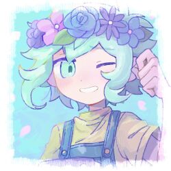 Rule 34 | 1boy, arm up, basil (headspace) (omori), basil (omori), blue overalls, green eyes, green hair, head wreath, omori, one eye closed, open mouth, overalls, parted lips, shirt, short sleeves, smile, solo, sr ld fr, upper body, yellow shirt