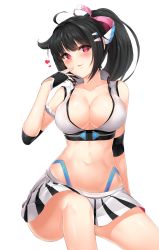 Rule 34 | 1girl, black gloves, black hair, blue panties, blush, breasts, cleavage, collarbone, crop top, finger to mouth, fingerless gloves, gloves, hair ribbon, heart, heart-shaped pupils, high ponytail, highleg, highleg panties, highres, large breasts, long hair, looking at viewer, midriff, moing, mx83 askeladd, navel, original, panties, pink eyes, pink ribbon, pleated skirt, ribbon, shiny skin, simple background, skirt, soccer spirits, solo, symbol-shaped pupils, underwear, white background