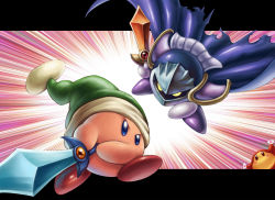 Rule 34 | 2boys, armor, cape, hand fan, hat, highres, kirby, kirby (series), letterboxed, manly, mask, meta knight, multiple boys, nintendo, outside border, serious, sword, waddle dee, weapon, yosui