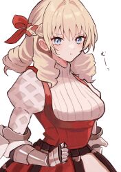 Rule 34 | 1girl, :t, armor, blonde hair, blue eyes, blush, braid, breasts, dress, drill hair, gauntlets, hair intakes, hair ribbon, highres, large breasts, long hair, looking at viewer, pout, red dress, ribbon, scarlett (unicorn overlord), solo, sweater, turtleneck, turtleneck sweater, unicorn overlord, white background, yuurururun