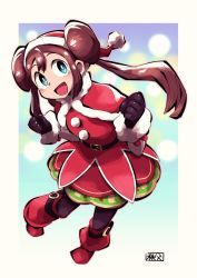 Rule 34 | 1girl, belt, black gloves, black pantyhose, blue eyes, border, brown hair, chichibu (watson), creatures (company), double bun, dress, fur trim, game freak, gloves, hair bun, hat, highres, long hair, looking at viewer, nintendo, official alternate costume, open mouth, outline, pantyhose, pink outline, pokemon, pokemon masters ex, red dress, red footwear, red hat, rosa (holiday 2019) (pokemon), rosa (pokemon), santa costume, santa hat, smile, solo, twintails, white border