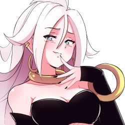 Rule 34 | 1girl, :d, ahoge, android 21, arm warmers, bandeau, bangle, bare shoulders, blue eyes, blush, bracelet, breasts, cleavage, colored skin, coolisushi, dragon ball, dragon ball fighterz, ear piercing, earrings, eyelashes, half-closed eyes, highres, hoop earrings, jewelry, light persona, long hair, looking to the side, majin android 21, open mouth, piercing, pink skin, smile, solo, upper body, very long hair, white hair