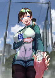 Rule 34 | 1girl, absurdres, arm under breasts, blue eyes, bottle, brand name imitation, breasts, brown hair, commentary, heart, heart-shaped pupils, highres, holding hands, jacket, large breasts, looking at viewer, open mouth, original, outdoors, pantyhose, pocari sweat, ponytail, rinrin (ppnk2835), shorts, symbol-shaped pupils, track jacket, yandere