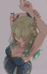 Rule 34 | 1girl, absurdres, armpits, arms up, asymmetrical bangs, braid, branch, breasts, ceres fauna, ceres fauna (1st costume), cleavage, collarbone, dress, flower, from above, grabbing own arm, green hair, green nails, hair flower, hair knot, hair ornament, highres, hololive, hololive english, horns, large breasts, leaf, looking to the side, medium hair, nail polish, shirafu ne, skirt, smile, solo, virtual youtuber, wavy hair, yellow eyes