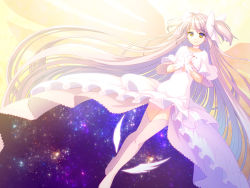 Rule 34 | 1girl, absurdly long hair, atsukan, beige background, breasts, choker, collarbone, dress, dutch angle, floating hair, frilled dress, frills, full body, galaxy, gloves, gradient background, half-closed eyes, happy, highres, kaname madoka, legs together, long dress, long hair, looking away, mahou shoujo madoka magica, mahou shoujo madoka magica (anime), orange background, own hands clasped, own hands together, pink hair, pink thighhighs, polka dot, polka dot background, ribbon, ribbon hair, sidelocks, simple background, sky, small breasts, smile, solo, star (sky), starry sky, starry sky print, straight hair, thighhighs, two side up, ultimate madoka, very long hair, white background, white choker, white dress, white gloves, white neckwear, white ribbon, wide sleeves, wings, yellow background, yellow eyes, zettai ryouiki