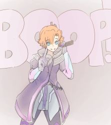 Rule 34 | 1girl, blue eyes, coat, cosplay, english text, gun, highres, hiwonoafu, nora valkyrie, orange hair, overwatch, overwatch 1, pointing, pointing at viewer, rwby, solo, sombra (overwatch), sombra (overwatch) (cosplay), submachine gun, trench coat, weapon