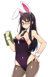 Rule 34 | 1girl, alternate costume, animal ears, bare shoulders, black-framed eyewear, black hair, black pantyhose, blue eyes, blush, breasts, cleavage, detached collar, fake animal ears, glasses, groin, ippongui, kantai collection, leotard, long hair, medium breasts, ooyodo (kancolle), pantyhose, playboy bunny, purple leotard, rabbit ears, rabbit tail, simple background, solo, tail, white background, wrist cuffs