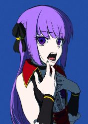 Rule 34 | 1girl, black choker, black ribbon, blue background, choker, copyright request, fangs, fingernails, green nails, hair ribbon, hands up, highres, looking at viewer, nail polish, open mouth, osame, purple eyes, purple hair, ribbon, sanpaku, simple background, solo, upper body, vest, wristband