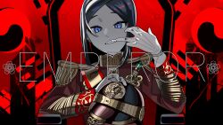 Rule 34 | 1girl, black hair, blue eyes, clenched teeth, close-up, english text, epaulettes, finger to mouth, flower, gloves, helmet, highres, king (vocaloid), military, military uniform, original, pzkpfwi, red background, rose of sharon, teeth, throne, uniform, vocaloid, white gloves, yin yang