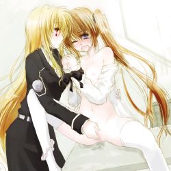 Rule 34 | 2girls, absurdres, blonde hair, blush, breasts, brown hair, couple, eye contact, fate testarossa, fingering, hair ornament, highres, long hair, looking at another, lyrical nanoha, mahou shoujo lyrical nanoha, mahou shoujo lyrical nanoha strikers, military, military uniform, moaning, multiple girls, nipples, open mouth, purple eyes, pussy, pussy juice, red eyes, shirt, side ponytail, sitting, table, takamachi nanoha, thighhighs, uniform, very long hair, white shirt, yuri