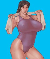 Rule 34 | 1girl, armpits, blush, breasts, brown eyes, brown hair, covered erect nipples, curvy, female focus, holding, large breasts, lips, mature female, nipples, ponytail, simple background, solo, swimsuit, takasugi kou, towel, wet