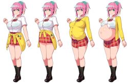 Rule 34 | 1girl, aqua eyes, badge, bare stomach, big belly, border, bow, bowtie, bracelet, breasts, button badge, cardigan, cardigan around waist, clothes around waist, collarbone, curvy, flower, full body, groin, hair flower, hair ornament, hazumi (hazumi and the pregnation), hazumi and the pregnation, jewelry, large breasts, looking at viewer, multiple views, navel, pink hair, plaid, plaid skirt, ponytail, pregnant, progression, sailor collar, shiny skin, shirt, shoes, sidelocks, skirt, socks, standing, straining buttons, taji (crowview), thighs, tied shirt, white border