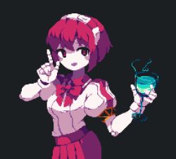 Rule 34 | 1girl, 4qw5, android, black background, cocktail, cocktail glass, commentary, cup, dorothy haze, drinking glass, english commentary, holding, holding cup, index finger raised, joints, looking at viewer, maid headdress, open mouth, pixel art, red eyes, red hair, robot joints, shirt, short hair, simple background, solo, upper body, va-11 hall-a, white shirt