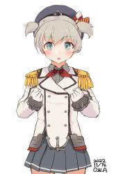 Rule 34 | 1girl, artist name, blue eyes, cosplay, dated, epaulettes, flat chest, frilled sleeves, frills, gloves, grey hair, grey skirt, highres, jacket, kantai collection, kashima (kancolle), kashima (kancolle) (cosplay), long sleeves, looking at viewer, military, military jacket, military uniform, neckerchief, owa (ishtail), pleated skirt, red neckerchief, short hair, simple background, skirt, solo, twintails, uniform, white background, white gloves, white jacket, z1 leberecht maass (kancolle)