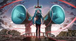 Rule 34 | 1girl, absurdres, black jacket, black pantyhose, blue eyes, blue gloves, blue hair, blue necktie, blue skirt, cloud, collared jacket, floating hair, full body, gloves, hair between eyes, hair ornament, hatsune miku, highres, holding, holding megaphone, hwa n01, jacket, koi wa sensou (vocaloid), long hair, looking at viewer, megaphone, miniskirt, necktie, open mouth, outdoors, pantyhose, pleated skirt, short sleeves, skirt, sky, solo, sparkle, star (sky), starry sky, twintails, very long hair, vocaloid, wing collar