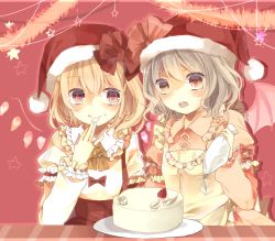Rule 34 | 2girls, adapted costume, apron, arm warmers, bat wings, blonde hair, blush, bow, cake, dress, eating, finger to mouth, flandre scarlet, food, food on face, fruit, hat, licking lips, multiple girls, open mouth, pink dress, pink eyes, puffy sleeves, red dress, remilia scarlet, santa hat, senju (uroakono), short sleeves, siblings, silver hair, sisters, smile, strawberry, tongue, tongue out, touhou, whipped cream, wings