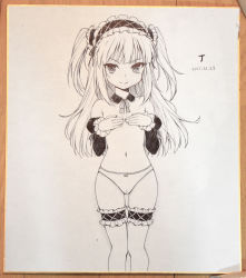 Rule 34 | 10s, 1girl, ballpoint pen (medium), boku wa tomodachi ga sukunai, bow, bow panties, bridal garter, covering breasts, covering privates, dated, detached collar, flat chest, gothic lolita, graphite (medium), hairband, hasegawa kobato, highres, hinoto hitsuji, knees together feet apart, legs together, lolita fashion, lolita hairband, long hair, monochrome, panties, photo (medium), shikishi, simple background, smile, solo, standing, thigh gap, thighhighs, thighs, traditional media, two side up, underwear, underwear only, v-shaped eyebrows