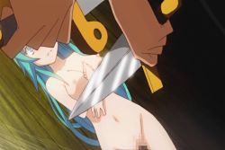 Rule 34 | 1girl, animated, animated gif, breasts, censored, clothed male nude female, dutch angle, green hair, imminent rape, knife, large breasts, long hair, nervous, nipples, nude, pulptenks flanders, rance (series), rance 01, shower