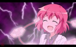 Rule 34 | 1girl, anime coloring, drum, drum set, drumsticks, closed eyes, fang, horikawa raiko, instrument, letterboxed, lightning, mitsudomoe (shape), open mouth, pink hair, purple background, short hair, solo, tomoe (symbol), touhou, upper body, woofey