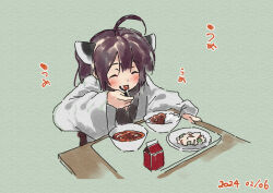 Rule 34 | 1girl, ^ ^, ahoge, blush, bowl, brown hair, closed eyes, curry, curry rice, dated, eating, facing viewer, food, food request, green background, headgear, holding, holding spoon, japanese clothes, kimono, lamb (hitsujiniku), long sleeves, plate, rice, simple background, solo, spoon, table, touhoku kiritan, twintails, voiceroid, white kimono, wide sleeves