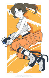 Rule 34 | 1girl, aperture science advanced knee replacement, aperture science handheld portal device, bare shoulders, boots, breasts, brown eyes, brown hair, chell, d:, d:&lt;, highres, jumpsuit, monochrome, open mouth, orange jumpsuit, pale skin, ponytail, portal (series), portal 1, sandragh, solo, v-shaped eyebrows