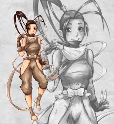 Rule 34 | 1girl, ankle wrap, antenna hair, armor, bandages, bandana, bare shoulders, barefoot, between fingers, black hair, breasts, brown eyes, capcom, feet, fingerless gloves, full body, gloves, grin, groin, hair slicked back, hand on own hip, high ponytail, highres, hip focus, hip vent, holding, ibuki (street fighter), japanese armor, kote, kunai, large breasts, long hair, looking at viewer, ninja, no headwear, no panties, partially colored, ponytail, side slit, sketch, smile, solo, standing, street fighter, street fighter iii (series), thighs, tirnanogin industries, toeless legwear, toenails, toes, very long hair, weapon, zoom layer