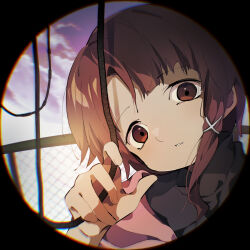 Rule 34 | asymmetrical bangs, asymmetrical hair, black border, black sweater, blurry, blurry background, border, brown eyes, brown hair, chain-link fence, chromatic aberration, round border, cloud, cloudy sky, commentary, fence, fingernails, hair ornament, hand up, head tilt, highres, iwakura lain, jacket, light, looking at viewer, medium hair, outdoors, parted lips, pink jacket, round border, serial experiments lain, shadow, single sidelock, sky, sui hope, sweater, turtleneck, turtleneck sweater, upper body, wire, x hair ornament