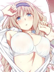 Rule 34 | 10s, 1girl, blouse, blue eyes, bra, breasts, darling in the franxx, highres, holding another&#039;s wrist, kanden sky, kokoro (darling in the franxx), large breasts, long hair, open clothes, open shirt, shirt, solo focus, underwear, white shirt