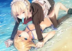 Rule 34 | 2girls, ahoge, artoria pendragon (alter swimsuit rider) (fate), artoria pendragon (alter swimsuit rider) (second ascension) (fate), artoria pendragon (fate), artoria pendragon (swimsuit archer) (fate), artoria pendragon (swimsuit archer) (first ascension) (fate), beach, bikini, black legwear, blonde hair, braid, breasts, collarbone, commentary request, day, fate/grand order, fate (series), food, french braid, girl on top, green eyes, holding hands, interlocked fingers, long sleeves, looking at viewer, lying, medium breasts, mouth hold, multiple girls, on back, popsicle, sand, short hair, swimsuit, thighhighs, toosaka asagi, water, yellow eyes