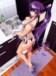 Rule 34 | 1girl, absurdres, apron, ass, back, blue eyes, breasts, busujima saeko, female focus, full body, highres, highschool of the dead, indoors, official art, panties, purple hair, smile, solo, standing, thong, underwear