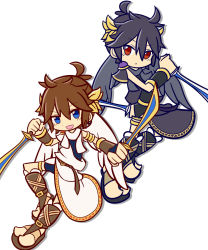 Rule 34 | 2boys, ahoge, ancient greek clothes, angel wings, armband, armlet, artist request, bad id, bad pixiv id, bike shorts, black hair, black wings, blade, blue eyes, bracer, brown hair, chibi, chiton, dark persona, dark pit, dual wielding, greco-roman clothes, highres, holding, kid icarus, kid icarus uprising, laurel crown, legband, looking at viewer, multiple boys, nintendo, open mouth, pit (kid icarus), red eyes, reverse grip, super smash bros., toga, weapon, white wings, wings