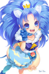 Rule 34 | 10s, 1girl, :d, animal ears, aoi itou, blue bow, blue eyes, blue gloves, blue hair, blue neckwear, blue pantyhose, blue shirt, blue skirt, bow, cloud print, crown, cure gelato, earrings, extra ears, fangs, gloves, highres, jewelry, kirakira precure a la mode, layered skirt, lion ears, long hair, magical girl, mini crown, open mouth, pantyhose, parted bangs, precure, print skirt, shirt, signature, simple background, skirt, smile, solo, tategami aoi, white background