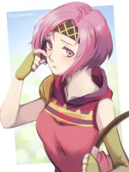 Rule 34 | 1girl, 1inuinuinui1, asymmetrical gloves, bare shoulders, bow (weapon), breasts, fingerless gloves, fire emblem, fire emblem: the sacred stones, gloves, headband, highres, holding, holding bow (weapon), holding weapon, looking at viewer, medium breasts, neimi (fire emblem), nintendo, pink eyes, pink hair, short hair, solo, weapon