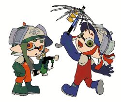 Rule 34 | 2girls, baseball cap, blue footwear, blue gloves, blue headwear, boots, commentary, fang, full body, gloves, green eyes, green footwear, green gloves, green hair, green headwear, grizzco brella (splatoon), grizzco dualies (splatoon), gun, hat, holding, holding gun, holding weapon, inkling, inkling girl, inkling player character, jumpsuit, long hair, medium hair, miko (15476997), multiple girls, nintendo, open mouth, orange eyes, orange jumpsuit, pointy ears, print headwear, red hair, red jumpsuit, rubber boots, rubber gloves, salmon run (splatoon), simple background, smile, splatoon (series), splatoon 3, standing, tentacle hair, thick eyebrows, weapon, white background