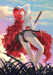 Rule 34 | 1girl, ass, cloud, evening, from below, grass, hand on head, hertro, highres, houseki no kuni, long hair, looking at viewer, looking back, padparadscha (houseki no kuni), red eyes, red hair, sky, smile, sword, thighhighs, uniform, upshorts, very long hair, weapon