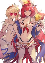 Rule 34 | 2girls, adjusting eyewear, alexiel (summer) (granblue fantasy), beach umbrella, belt, bikini, bikini skirt, blonde hair, breasts, choker, closed mouth, europa (granblue fantasy), europa (summer) (granblue fantasy), feet out of frame, godsworn alexiel, granblue fantasy, groin, hand on another&#039;s shoulder, hand on own hip, headpiece, heart, heart-shaped eyewear, holding, holding umbrella, kingyo 114, lace, lace-trimmed bikini, lace trim, long hair, looking at viewer, medium breasts, multiple girls, navel, o-ring, o-ring top, official alternate costume, parted lips, purple eyes, red hair, scrunchie, shawl, short hair, simple background, standing, sunglasses, swimsuit, tiara, umbrella, very long hair, white background, wrist scrunchie