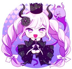 Rule 34 | 1girl, :d, black dress, black flower, black footwear, black horns, blush, braid, chibi, commentary request, crown, dress, dual persona, flower, full body, ghost, hair flower, hair ornament, hair ribbon, hands up, heart, highres, horns, kjm 086, long hair, long sleeves, looking at viewer, master detective archives: rain code, multicolored hair, open mouth, pink hair, purple eyes, ribbon, shinigami (ghost) (rain code), shinigami (rain code), smile, solo, twin braids, two-tone hair, very long hair, white hair, white ribbon
