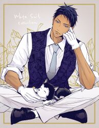 1boy a_jou alternate_costume animal aomine_daiki arm_up black_footwear blue_eyes blue_hair blue_vest border closed_eyes closed_mouth collared_shirt commentary_request dark-skinned_male dark_skin dog dress_shoes elbow_on_knee english_text formal_clothes full_body gloves hand_on_another&#039;s_face head_rest highres indian_style kuroko_no_basuke leaf looking_at_viewer male_focus on_lap pants patterned_clothing plant shirt short_hair sitting sleeve_cuffs sleeves_rolled_up solo tetsuya_ni_gou vest white_gloves white_pants white_shirt wing_collar