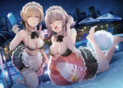 Rule 34 | 2girls, alternate costume, artoria pendragon (all), artoria pendragon (alter swimsuit rider) (fate), artoria pendragon (alter swimsuit rider) (fate) (cosplay), artoria pendragon (alter swimsuit rider) (second ascension) (fate), artoria pendragon (fate), ball, barefoot, beachball, bikini, black bikini, blonde hair, blush, bow, bowtie, breasts, building, cityscape, collarbone, cosplay, dutch angle, fate/grand order, fate (series), food, full body, full moon, hair between eyes, hair bow, head tilt, hirai yuzuki, ice cream, jeanne d&#039;arc (fate), jeanne d&#039;arc alter (avenger) (fate), jeanne d&#039;arc alter (fate), kneeling, large breasts, licking lips, looking at viewer, lying, maid, maid bikini, moon, multiple girls, night, night sky, on stomach, open mouth, outdoors, pool, pool ladder, popsicle, reflecting pool, reflection, reflective water, saber alter, scenery, short hair, sidelocks, silver hair, simple background, sky, small breasts, swimsuit, thigh strap, thighs, tongue, tongue out, unconventional maid, water, wet, wet clothes, wet hair, yellow eyes