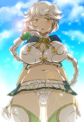 Rule 34 | 10s, 1girl, arms at sides, bad id, bad pixiv id, braid, breasts, cleavage cutout, clothing cutout, cloud print, colored eyelashes, commentary request, from below, hair ornament, jitome, kantai collection, large breasts, long hair, looking at viewer, matsuzono, midriff, miniskirt, navel, panties, pantyshot, pleated skirt, silver hair, single braid, skirt, standing, tareme, thighhighs, translation request, underwear, unryuu (kancolle), upskirt, very long hair, wavy hair, yellow eyes, zettai ryouiki