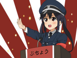 Rule 34 | 00s, 1girl, black hair, blush, hat, k-on!, military, military uniform, nakano azusa, nazi, necktie, open mouth, peaked cap, podium, pu-chin, red eyes, round teeth, salute, solo, sparkle, teeth, twintails, uniform, what