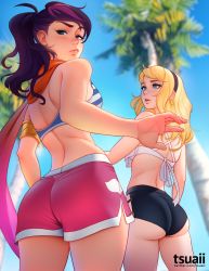 Rule 34 | 2girls, alternate costume, armlet, artist name, ass, bare arms, bare shoulders, bikini, black hairband, black shorts, blonde hair, blue eyes, cowboy shot, fiora (league of legends), from behind, from below, hairband, highres, league of legends, long hair, lux (league of legends), multiple girls, orange scarf, palm tree, pink hair, pink shorts, ponytail, pool party fiora, scarf, shorts, striped bikini, striped clothes, swimsuit, tree, tsuaii
