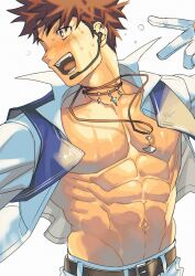Rule 34 | 1boy, abs, bara, bare pectorals, belt, blue vest, brown eyes, brown hair, collarbone, cropped vest, gloves, headset, high collar, highres, idol, jacket, jewelry, male focus, muscular, muscular male, music, necklace, open clothes, open jacket, open mouth, original, pants, pectorals, sagami jon, short hair, singing, solo, sweat, vest, white background, white gloves, white jacket, white pants