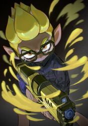 Rule 34 | 1boy, black shirt, blonde hair, buttons, collared shirt, fighting stance, firing, furrowed brow, grey background, gun, highres, holding, holding gun, holding weapon, humanlynn, ink, inkling, inkling boy, inkling player character, long sleeves, male focus, nintendo, orange eyes, plaid, plaid shirt, pointy ears, shirt, solo, spiked hair, splatoon (series), tentacle hair, weapon