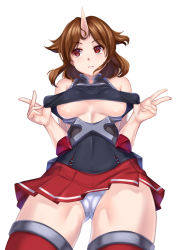 Rule 34 | 1girl, azur lane, bare shoulders, breasts, brown hair, cameltoe, clothing cutout, disrobing, expressionless, gluteal fold, highres, horns, ken ill, looking to the side, medium breasts, miniskirt, mogami (azur lane), panties, pantyshot, parted bangs, pleated skirt, red eyes, red thighhighs, short hair, simple background, single horn, skirt, solo, standing, thighhighs, thighs, underboob, underboob cutout, underwear, white background, white panties, zettai ryouiki