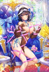 Rule 34 | 1girl, age of ishtaria, bare shoulders, black hair, blue bow, blue choker, blue nails, blue ribbon, blush, bow, breasts, chair, choker, cleavage, clothing cutout, copyright name, copyright notice, covered navel, curtains, food, hair ornament, hat, heart, heart cutout, highres, indoors, lace, large breasts, looking at viewer, munlu (wolupus), nail polish, off shoulder, parted lips, pelvic curtain, pink ribbon, ribbon, sitting, sleeves past wrists, solo, svafrlami (age of ishtaria), table, white hat, window, yellow eyes
