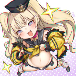 Rule 34 | 1girl, :d, alcoholrang, azur lane, bache (azur lane), blonde hair, blush, child, collar, fang, fishnet thighhighs, fishnets, hat, heart, heart-shaped pupils, highres, jacket, long hair, looking at viewer, m/, micro shorts, navel, off shoulder, open clothes, open mouth, open shorts, purple eyes, sailor collar, shorts, smile, solo, spread legs, symbol-shaped pupils, thighhighs, twintails, two side up, very long hair