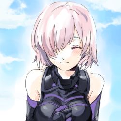 Rule 34 | 1girl, ^ ^, armor, bare shoulders, black armor, blue sky, blush, closed eyes, closed mouth, cloud, day, eyebrows, facing viewer, fate/grand order, fate (series), hair between eyes, hair over one eye, mash kyrielight, medium hair, medu (rubish), outdoors, pink hair, short hair, sketch, sky, smile, solo, upper body