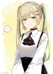 Rule 34 | 1girl, absurdres, black skirt, blonde hair, blush, bow, braid, closed mouth, collared shirt, commentary, dress shirt, green eyes, green hair, hair bow, heterochromia, highres, ibara muan, long hair, long sleeves, looking at viewer, multicolored hair, original, shirt, signature, skirt, smile, sofra, solo, spoken blush, striped, striped bow, suspender skirt, suspenders, symbol-only commentary, twintails, twitter username, two-tone background, two-tone hair, very long hair, white background, white shirt, yellow background, yellow eyes